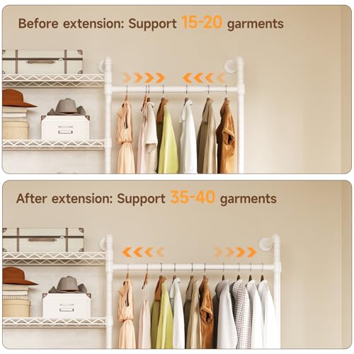 H6 Wall Mounted Closet System, Industrial Pipe Clothes Rack Clothing Racks with 6 Telescopic Rods & 3 Fixing Rods & 9 Shelves, Heavy Duty Closet Organizers and Storage in Wardrobe Closet (White) | Metal Clothing Rack with 6 Telescopic Rods & 3 Fixing Rods