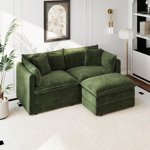 Aoowow Modular Sectional Sofa Modern Convertible Loveseat Couch,77.16 Inch Deep 2-Seater Sofas Comfy Chenille Cloud Sofas and Couches Set with Movable Ottoman for Living Room Apartment（Green） - color: Green-new, size: 2 Seat + Ottoman