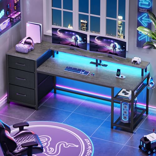 SEDETA 59" Office Desk with File Drawers, Reversible Computer Gaming Desk with Storage, LED Lights & Power Outlet, Home Office Desks for Printer, Grey - color: Grey, size: 59"