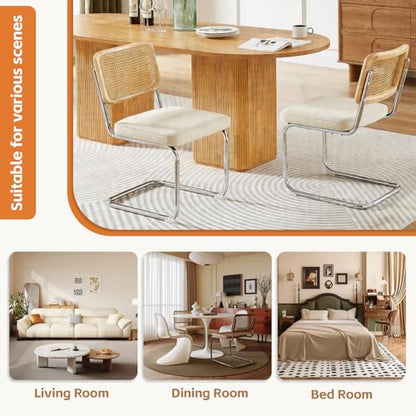 Rattan Dining Chairs Set of 6,Velvet Cesca Chair Kitchen Chair,Beige | VICBARLEY Mid Century Modern Dining Chairs,Wood Cane Backrest&Chrome Base,Upholstered Side Chair for Dining Room,Kitchen - color: Beige, size: Set of 6