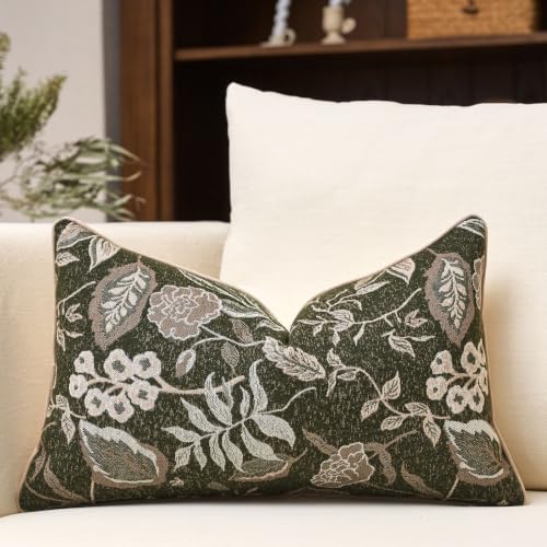 Green Floral Textured Lumbar Throw Pillow Cover 12x20 Fall Vintage Rust Pillow Cover Farmhouse Summer Leaf Cushion Cover Neutral Flower Pillowcase Home Decor for Sofa Living Room Bedding - color: Green, size: 20" x 12" (Pack of 1)