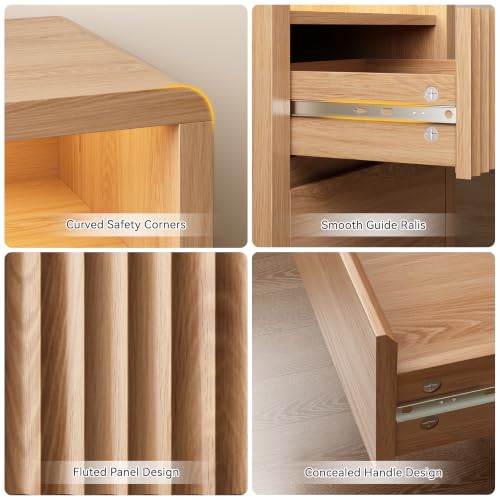LYNSOM Fluted LED Nightstand Set of 2, Charging Station & 2 Drawers, Oak | Mid Century Modern Night Stand with Stoarge, Wood Bedside End Table with Curved Edge for Bedroom, Living Room, Office, 20" W - color: Oak, size: 2 Drawers