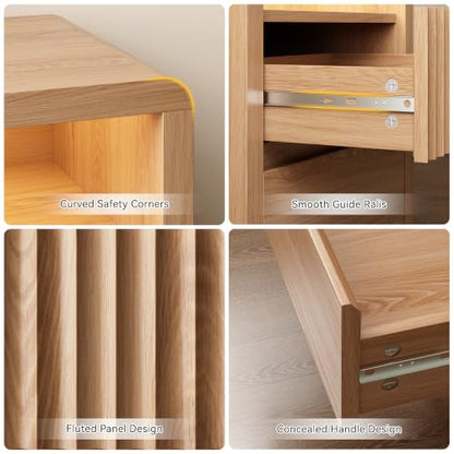 LYNSOM Fluted LED Nightstand Set of 2, Charging Station & 2 Drawers, Oak | Mid Century Modern Night Stand with Stoarge, Wood Bedside End Table with Curved Edge for Bedroom, Living Room, Office, 20" W - color: Oak, size: 2 Drawers