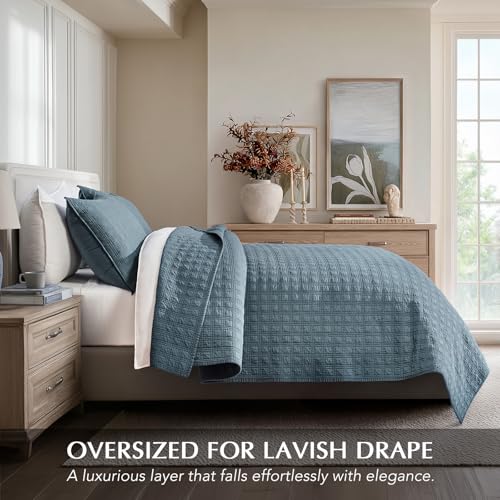 EVERGRACEHOME Cotton Sateen Windowpane Quilt Set Queen Size, Sonoma Blue | 100% Cotton, Pre-Washed Soft Coverlet Bedspread, 3-Piece Lightweight Bedding Set for All Season, with 2 Pillow Shams - color: Sonoma Blue - Windowpane, size: Full/Queen (96" X 92")