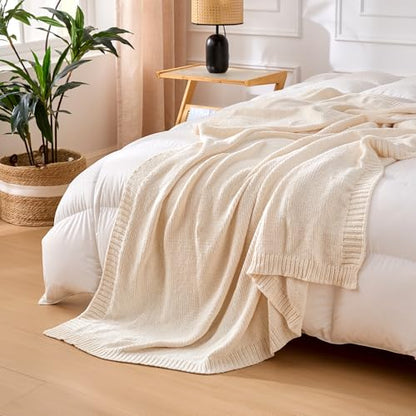 Amazon Basics Chunky Chenille Knit Throw Blanket for Couch, Bed and Sofa, Soft and Warm Lightweight Jersey, 60"×80", White - color: White, size: 60×80in.