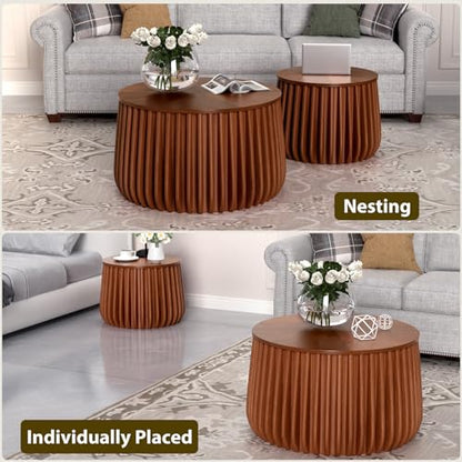 Nesting Coffee Table Set of 2, Round, Walnut | Hidden Storage, Solid Wood, Stackable End Tables, Circle Side Tables for Small Space Living Room Apartment - color: Walnut 26.77"