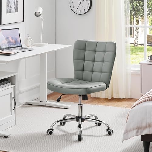 Yaheetech Light Gray Tufted Armless Desk Chair with Wheels, Faux Leather | Thick foam cushioned seat tilts back to relax, lifts 18-22 in, spins 360 degrees, holds 300 lb, and assembles with ease. - color: Light Gray