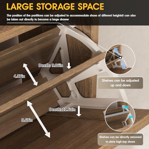 Maupvit Shoe Storage Cabinet with 2 Rattan Flip Drawers, Freestanding Organizer with Metal Legs for Entryway, Narrow Shoe Rack Cabinet, Hidden Golden Handles, Rustic Oak Rattan - color: Rustic Oak Rattan, style: 2-Drawers