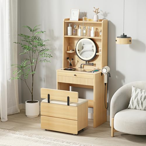IRONCK Small Vanity Desk with LED Mirror, Glass Top & Storage Stool | 26-inch oak vanity with adjustable mirror arm, 3 light modes, 2 drawers, charging station, and tuck-away storage stool.