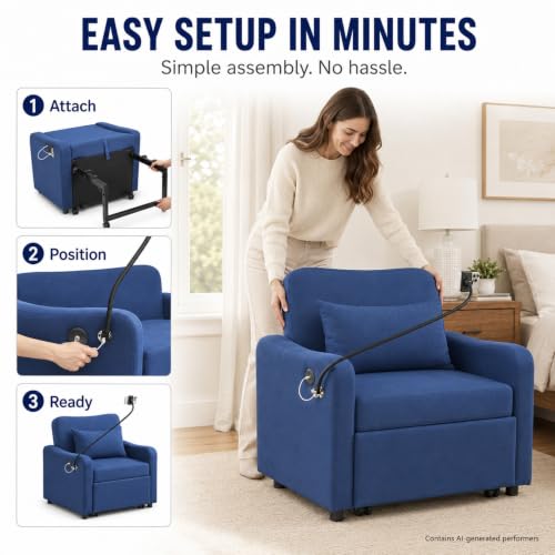 Majnesvon Convertible Chair Bed 3 in 1, Sofa Bed Chair (Blue) | with Adjustable Backrest & Charging Station, Small Space One Person Couch for Apartment, Office, Living Room, Bedroom - color: Blue