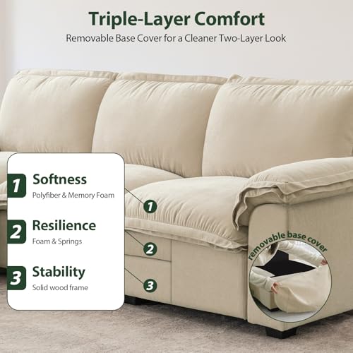 HALLYBEE Cloud Couch Sectional Modular Sofa for Living Room Ivory Beige | Modular Sectional Cloud Couch with Movable Ottoman, L-Shaped, 3-Seater, Chenille Fabric, Removable Cushion Covers, Apartment - color: Ivory Beige
