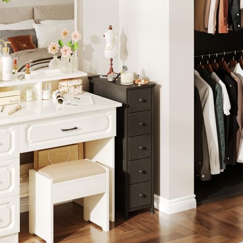 Narrow Dresser, 19" Wide Narrow Nightstand Dresser Storage Tower with 5 Drawers, Slim Fabric Dressers Chest of Drawers for Small Spaces, Wood Top & Fabric Bins for Bedroom Bathroom Closet (Black) - color: Black