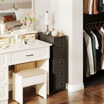 Narrow Dresser, 19" Wide Narrow Nightstand Dresser Storage Tower with 5 Drawers, Slim Fabric Dressers Chest of Drawers for Small Spaces, Wood Top & Fabric Bins for Bedroom Bathroom Closet (Black) - color: Black