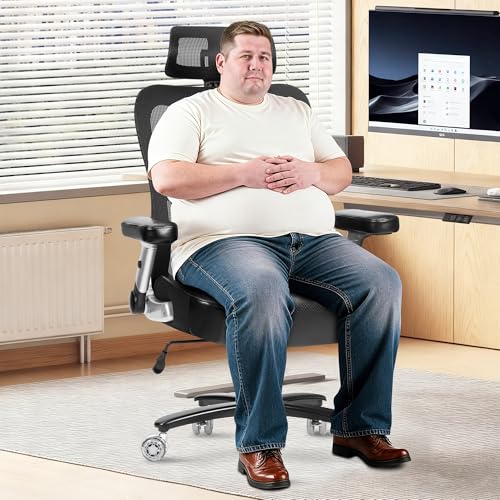 Super Big and Tall Office Chair 700lbs- Heavy Duty Executive Computer Chair with Rubber Wheels 3D Flip Arms, Ergonomic Mesh High Back Desk Chair, Extra Wide Seat Adjustable Lumbar Support & Headrest - size: 700LBS
