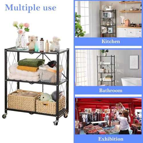 3-Tier Foldable Storage Shelf with Wheels, Metal Collapsible Shelving Unit, Rolling Utility Cart for Kitchen Pantry Closet Office, Pre-Assembled Storage Rack Organizer - size: 3-Tier
