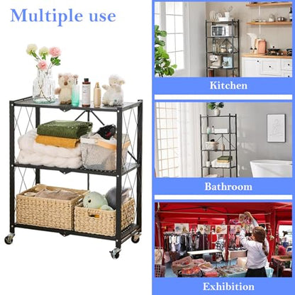 3-Tier Foldable Storage Shelf with Wheels, Metal Collapsible Shelving Unit, Rolling Utility Cart for Kitchen Pantry Closet Office, Pre-Assembled Storage Rack Organizer - size: 3-Tier