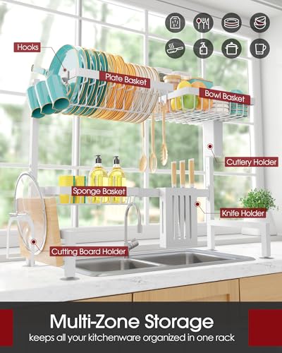 Sakugi Over The Sink 접시 건조대 - 조절 가능한 2단 대용량 스테인리스 스틸 배수구, 커틀러리 및 식기 홀더 포함, 주방 보관 및 정리, 길이 76.2-86.1cm(30-34인치) x 너비 27.9cm(11인치) x 높이 54.6cm(21.5인치), 화이트 - color: 화이트., size: 라지