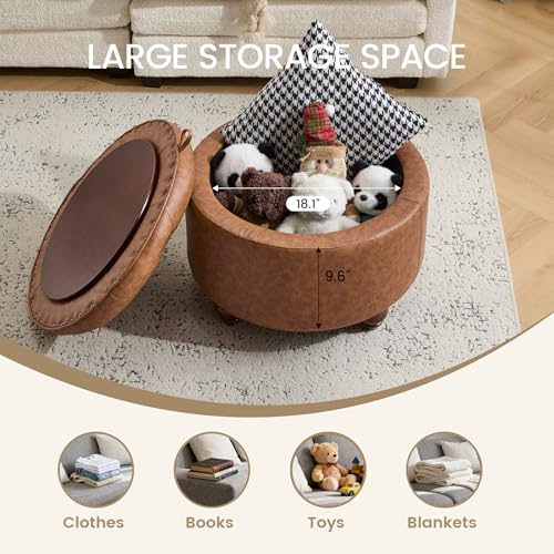 24Inch Round Storage Ottoman, Set of 2, Modern PU Leather Coffee Table with Removable Top, Upholstered Ottoman with Storage Footrest Stool for Living Room, Bedroom (Brown) - color: Brown