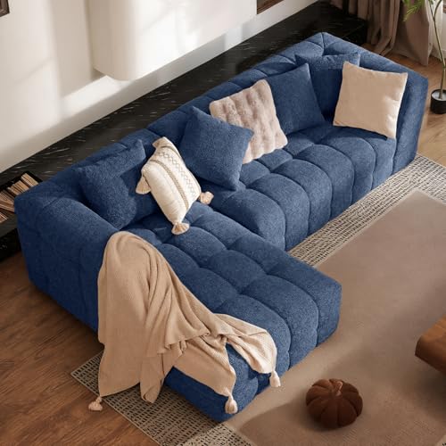 107" Modern Boneless Couch with L - Shaped Chaise, Comfy Chenille Modular Sectional Sofa with Tufted Design, Deep Seat Upholstered Sofa Bed, No - Assembly Sectional Couch, Blue - color: Blue
