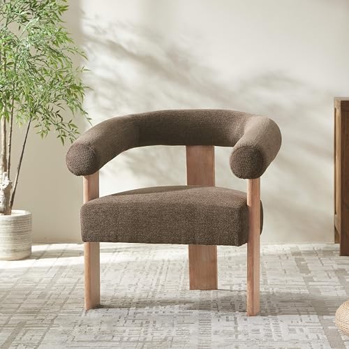 VKNOW Barrel Accent Chair, Vanity Chair with Armrests and Rubberwood Legs | Mid Century Modern Upholstered Living Room Chairs with Open Back, Chenille Fabric, arm chair for Living Room, Bedroom, Brown - color: Brown, size: Set of 1