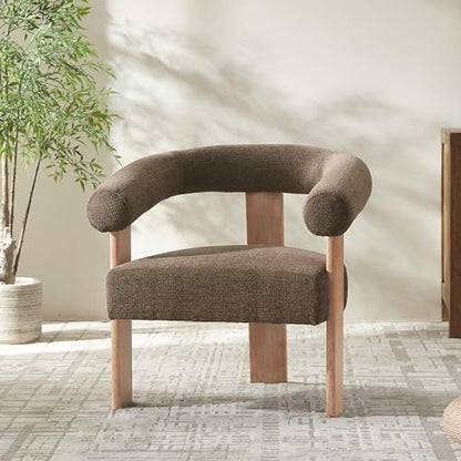 VKNOW Barrel Accent Chair, Vanity Chair with Armrests and Rubberwood Legs | Mid Century Modern Upholstered Living Room Chairs with Open Back, Chenille Fabric, arm chair for Living Room, Bedroom, Brown - color: Brown, size: Set of 1