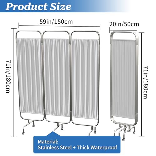 3-Panel Medical Privacy Screen on Wheels, Portable Medical Screen | Indoor Room Privacy Screen Divider, Stainless Steel Contruction, Folds Easy for Storage - size: 3-Panel