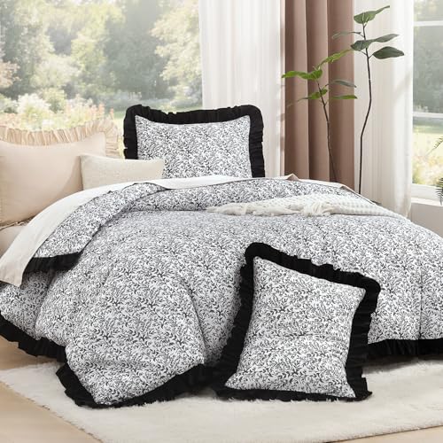 Litanika Full Comforter Set, 3 Pieces Black Floral Ruffle Bedding Set | Farmhouse Shabby Chic Aesthetic Soft Fluffy Lightweight Breathable Bed Set for Girls Women Room Decor Gift All Season - color: Flower Black White, size: Full (79"x90")