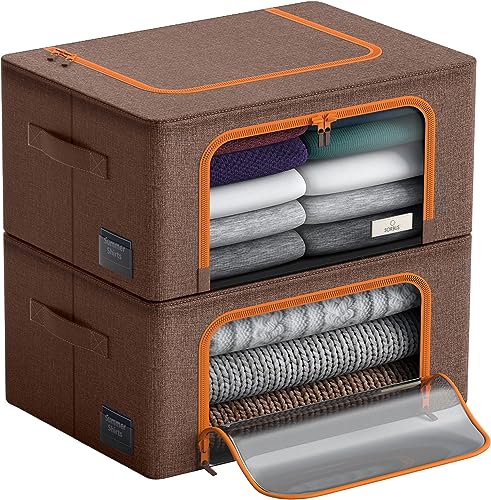 Sorbus® Storage Bins Boxes, Foldable Stackable Container Organizer Basket Set with Large Clear Window & Carry Handles, for Bedding, Linen, Clothes (Brown) - color: Brown, size: 2 Pack