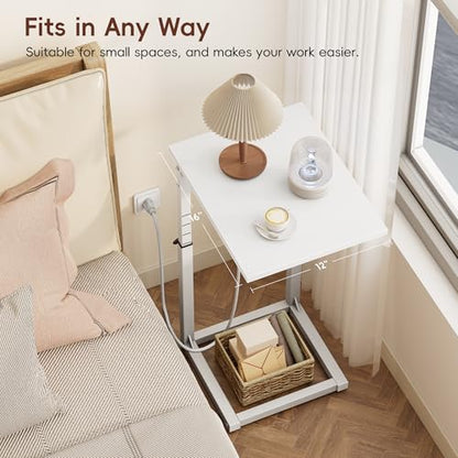 C Shaped End Table with Charging Station, C Table End Table Adjustable Height Sofa Table, Side Table for Couch, Couch Table that Slide Under, TV Tray Arm Table for Living Room,Bedroom, White - color: White, style: Charging Station