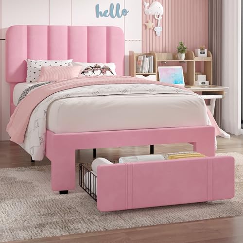 VECELO Twin Size Upholstered Bed Frame with Drawer and Headboard, Velvet Platform Storage Bedframe, Wooden Slats Support, No Box Spring Needed,Pink - color: Pink, size: Twin, style: Bed Frame with Drawer