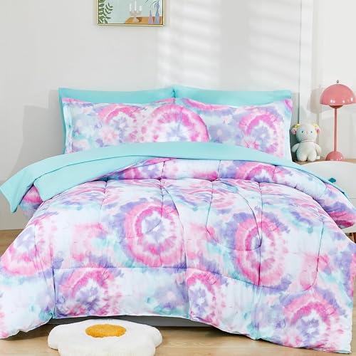 Tie Dye Kids Comforter Bed Set Full Size for Girls, 8 Pieces Bed in a Bag with Shams, Sheet Set, A Toy Pillow Dark Pink Round Flower Full Soft Microfiber Kids Comforter Bedding Set - color: Dark Pink Round Flower, size: Full