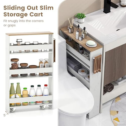 MAT EXPERT Slim Rolling Storage Cart, 4-Tier Freestanding Slim Storage Cart with Wheels 360 Degree & Metal Handle, Wooden Utility Cart for Narrow Kitchen, Laundry Room, Bathroom (White + Natural) - color: White + Natural