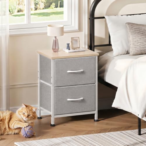 WLIVE Night Stand, Gray Nightstand with 2 Fabric Drawers, Small Dresser for Bedroom, Closet, College Dorm, End Table Side Furniture, Wood Top, Light Grey | Small Dresser for Bedroom, 15-Min Quick-Assembly, Sturdy Metal Frame & Adjustable Feet - color: Lig