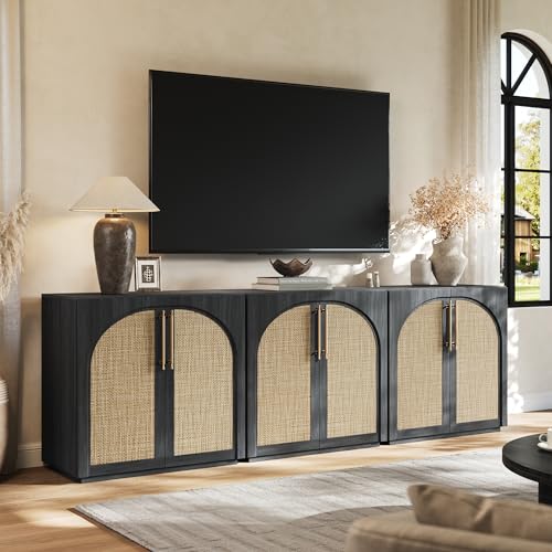 Buffet Cabinet with Rattan Doors, 94.5'' W Arched Sideboard | Modular Sideboard Storage Cabinet, Adjustable Shelves, Boho Credenza, For Kitchen, Coffee Bar, Living Room, Entryway, Black - color: Black-rattan Doors