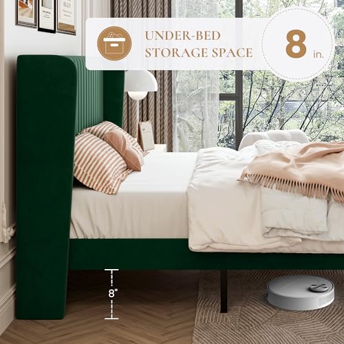 SHA CERLIN King Size Velvet Bed Frame, Tufted Wingback Headboard, Green | 47'' Modern Vertical Channel Headboard, Upholstered Platform Bed, Wood Slats, No Box Spring Needed, Easy Assembly, Noise Free - color: Green, size: King