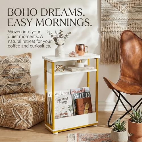 Narrow Side Table,3-Tier Slim End Table with Storage Shelf,Modern Sofa Table Thin Side Table for Small Spaces, Skinny Bedside Table Small Nightstand with Magazine Rack Space Saving/White+Gold - color: White+gold