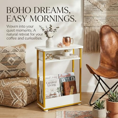 Narrow Side Table,3-Tier Slim End Table with Storage Shelf,Modern Sofa Table Thin Side Table for Small Spaces, Skinny Bedside Table Small Nightstand with Magazine Rack Space Saving/White+Gold - color: White+gold