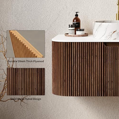 48” Floating Bathroom Vanity with Sink, Fluted Wall-Mounted Solid Wood Cabinet, White Marble-Pattern Ceramic Basin, Faux Marble Top, Soft-Close Drawer, Pre-Assembled, Walnut Woodgrain - color: 03 - Walnut Woodgrain, size: 48"