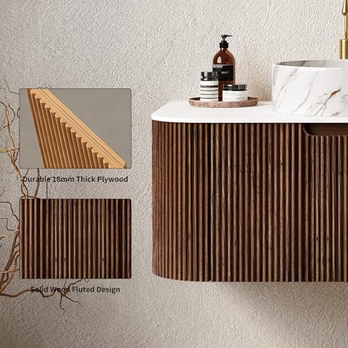 36” Floating Bathroom Vanity with Sink, Fluted Wall-Mounted Solid Wood Cabinet, White Marble-Pattern Ceramic Basin, Faux Marble Top, Soft-Close Drawer, Pre-Assembled, Walnut Woodgrain - color: 03 - Walnut Woodgrain, size: 36"