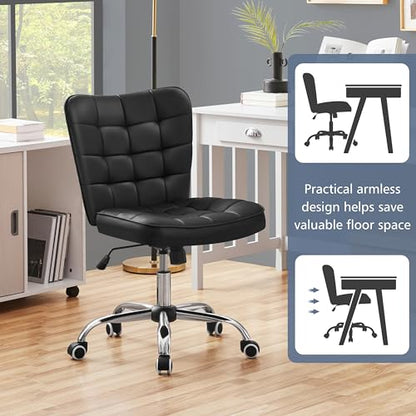 Yaheetech Black Tufted Armless Office Desk Chair with Wheels, Faux Leather | Thick foam cushioned seat tilts back to relax, lifts 18-22 in, spins 360 degrees, holds 300 lb, and assembles with ease. - color: Black