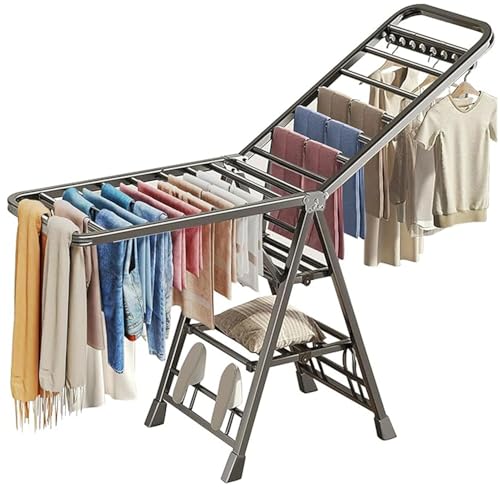 Large Clothes Drying Rack Foldable, 3-Level Metal Laundry Dryer Stand | Lightweight，Easy to Use＆Fold，Sturdy, Height-Adjustable, Movable, Complete with Heavy Items，Space Saving Clothes Dryer