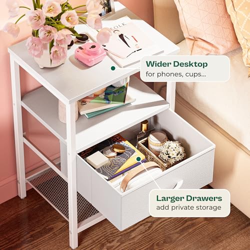 Huuger Night Stand with Fabric Drawer, Side Table with Mesh Shelf, Bedroom Nightstand, Fabric Drawer Dresser, Open Shelf, Metal Frame, Couch Side, White | Bedroom Nightstand, Fabric Drawer Dresser, Open Shelf, Metal Frame, Couch Side, White - color: White