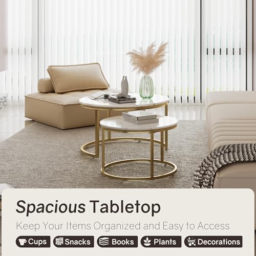 Otterease Nesting Tables Set of 2, Small Round Coffee Table for Living Room | Nesting Coffee Table with Adjustable Non-Slip Feet, White Marble Top Stack Nesting Table for Living Room, Bedroom, White - color: 31.5" Marble White