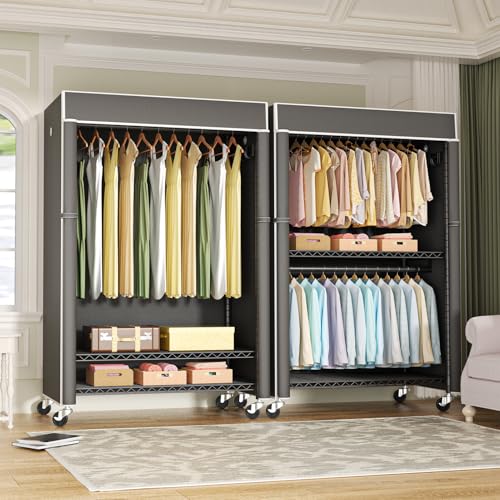 Black Clothing Rack with Dark Gray Cover, P1C Plus Rolling Closet | Metal Garment Rack with Wheels for Hanging Clothes, Portable Clothing Storage Wardrobe - color: Black Rack with Dark Gray Cover