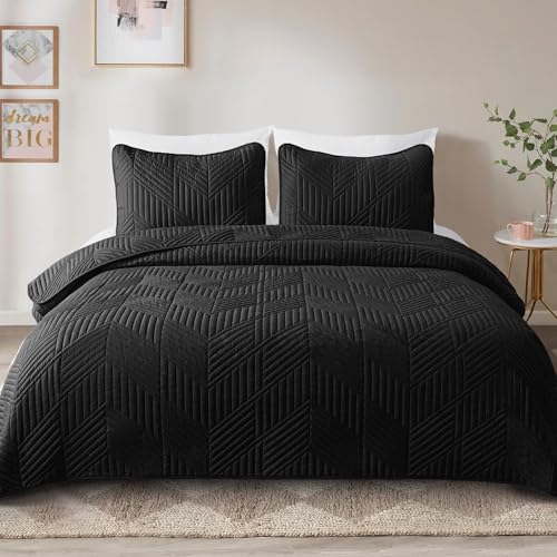 Exclusivo Mezcla Ultrasonic Twin Quilt Bedding Set, Black | Lightweight Bedspreads, Soft Microfiber, Modern Geometric Coverlet, All Season Bed Cover, 1 Quilt and 1 Pillow Sham - color: Black, size: Twin (68"x88")