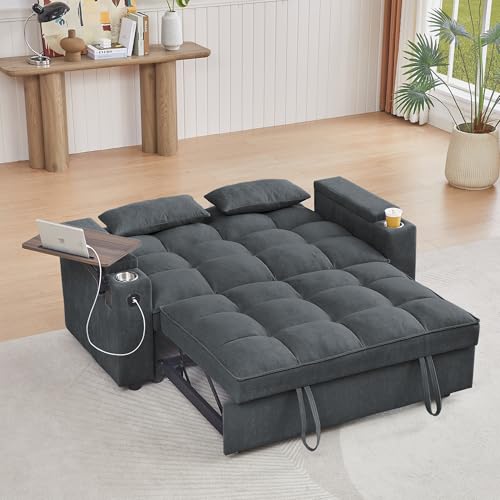 65'' 3-in-1 Folding Convertible Sofa Bed, Pullout Sofa, Modern Chenille Fabric, 360° Swivel Side Table, Easy Assembly, Perfect for Living Room, Grey - color: 1107-dark Grey