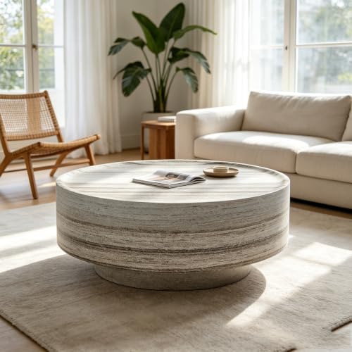 Round Fiberglass Coffee Table, Easy Assembly Cocktail Table for Living Room - color: 31.49 Grey