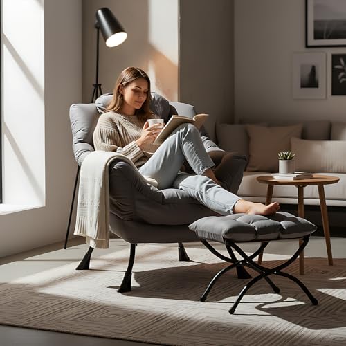 Welnow Lazy Chair with Ottoman, Reading Chair with Footrest,Dark Grey | A Side Pocket,Armrests,Foldable Footrest,Thick Cushioned Seat & Backrest, Lounge Chair for Bedroom,Living Room & Small Space - color: Dark Grey
