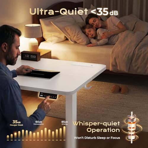 Huuger 전원 콘센트 및 USB-C 포트가 있는 전기 스탠딩 데스크, 139.9 x 61cm(55 x 24인치) 높이 조절 가능한 책상, 홈 오피스, 컴퓨터 및 게이밍 책상용 앉은 스탠드 데스크, 4개의 프리셋, 안정적인 스틸 프레임, 화이트 - color: 화이트., size: 55.1 x 23.6 inch