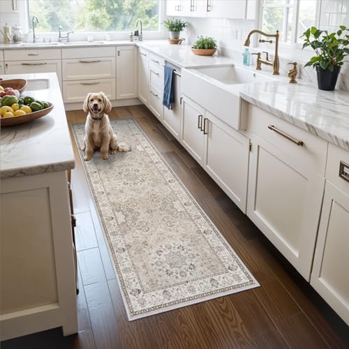 2x6 Hallway Washable Runner Rug : Vintage Soft Kitchen Laundry Runner with Non Slip Backing Farmhouse Entryway Living Room Floor Mat Stain Resistant Carpet for Bedroom Bathroom Distressed Beside Rug - color: Beige, size: 2' x 6' (Rectangular)